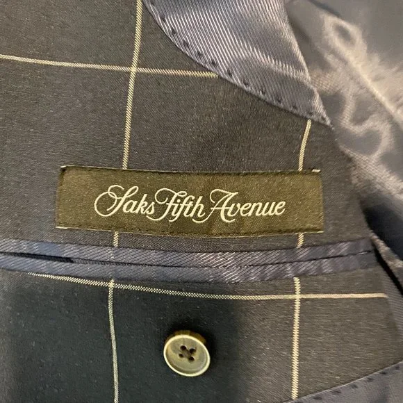 Saks Fifth Avenue Navy Blue Windowpane Blazer Slim Fit 40R